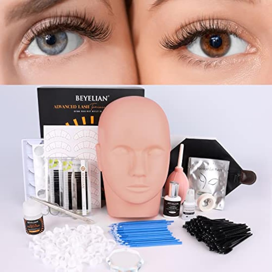 BEYELIAN Eyelash Extension Kit, with Mannequin Head Lash Practice Exercise Set, Professional Flat Mannequin Head False Eyelash Grafting Training Tool Kit for Eye Lashes Graft