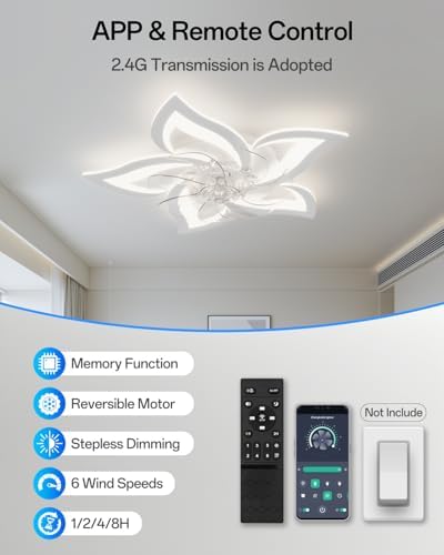 YUNLONG Ceiling Fans with Lights and Remote Quiet DC Fan Light Ceiling Led 6 Speed Dimmable Ceiling Fans with Lamps for Bedrooms Living Room Kids Lounge