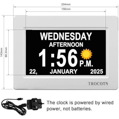 TROCOTN dementia clock, digital clock with date and day for elderly, day date large display calendar (7 Inches White)