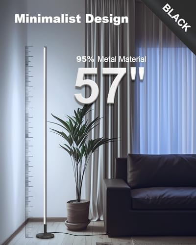 TACAHE Minimalist Corner Floor Lamp - 2700K-6500K Dimmable LED Night Light - Modern Standing Mood Lamp with Remote Control for Living Room, Bedroom - 57" 12W - Black