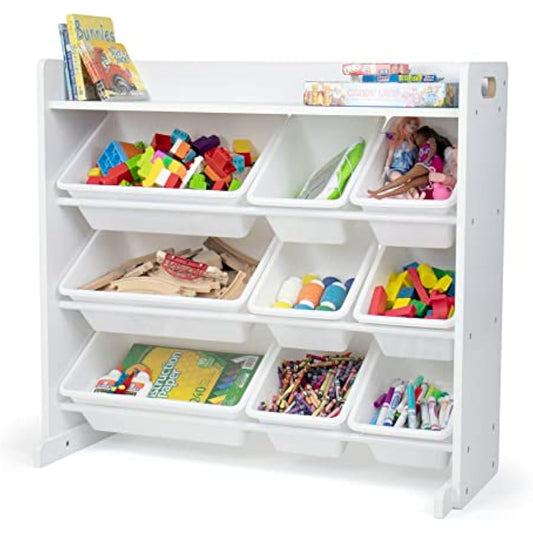 Humble Crew Cambridge Large Wooden Toy Shelf Storage Organiser for Children, with 9 BPA Free Plastic Removeable Storage Bins, Ideal for Storing Toys, Games, Books and Craft Supplies - White
