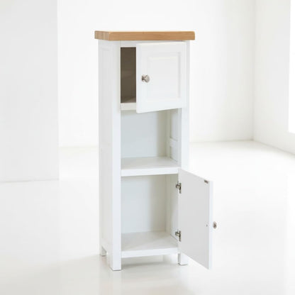 ALL WHITE Slim Cabinet Bathroom Storage, Painted White Cabinet with Natural Wood Top, Double Door, Ready Assembled (White 2)