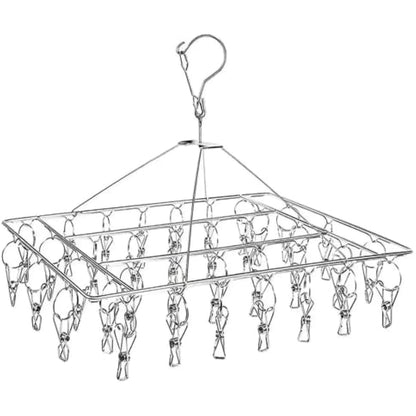 BARGAIN FACTORY Metal Sock Hanger, Stainless Steel Heavy Duty Drying Rack with 36pcs Pegs and Swivel Hook, Windproof Laundry Metal Square Hanger for Socks, Underwear and Small Items.