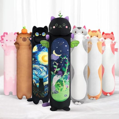 Mewaii 20in Long Devil Mint Cat Plush Pillows Stuffed Animals Squishy Pillows - Plushie Cute Kitty Sleeping Hugging Plush Pillow Soft Toys for Kids(Black)