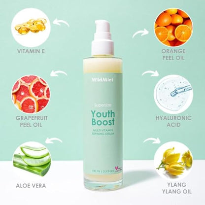 WildMint Youth Boost Natural Face Serum | Hydrating Anti-Aging Serum for Sensitive, Dry, Mature & Menopause Skin | Hyaluronic Acid & Vitamin C | UK Made Vegan & Cruelty-Free Skincare | 100ml