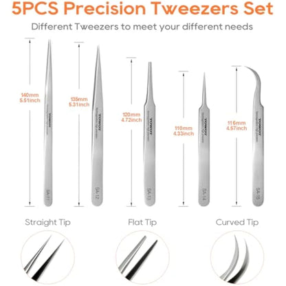 Stainless Steel Heat Resistant Tweezers, 5 PCS - Craft, Electronics, Jewelry-Making, Non-Magnetic by TOWOT