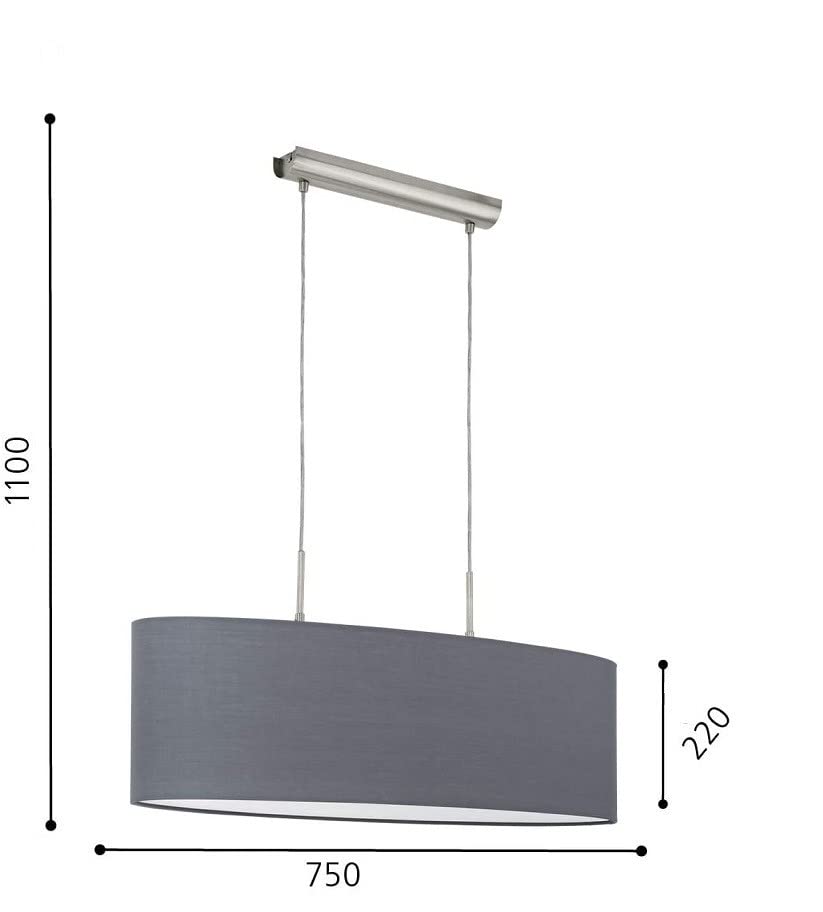 Eglo Pasteri Fabric Pendant Light, Steel and Fabric Oval Hanging Light Coloured in Matt Nickel and Grey, E27 Socket, L: 75 cm/29.5 inches