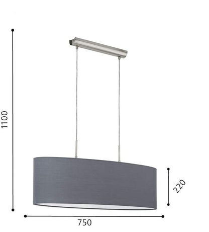 Eglo Pasteri Fabric Pendant Light, Steel and Fabric Oval Hanging Light Coloured in Matt Nickel and Grey, E27 Socket, L: 75 cm/29.5 inches