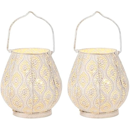 TRIROCKS Set of 2 Moroccan Decorative Metal Table Lamps 26cm H Battery Powered Cordless Lanterns with Fairy Lights Bulb for Home Living Room Garden Yard Party Events Tabletop Indoor Outdoor (White)