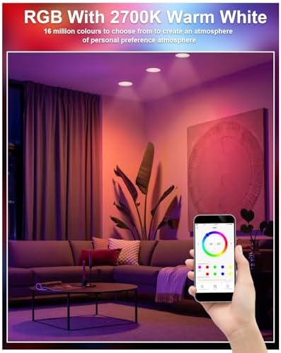 VARICART Smart LED Downlights for Ceiling Alexa, 10W Bluetooth RGB Colour Changing Spot Lights, Dimmable Recessed Ceiling Lights Warm White 2700K, APP Control for Living Room Bedroom Kitchen, 6 Pcs