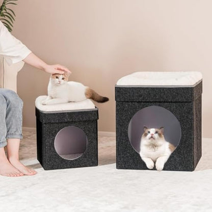 Bonlife Cat Beds for Indoor Cats,Foldable Large Felt Cat House for Winter with Two Move Cushion,Warm Comfortable Dog Bed，Dark Grey 45X45X50CM