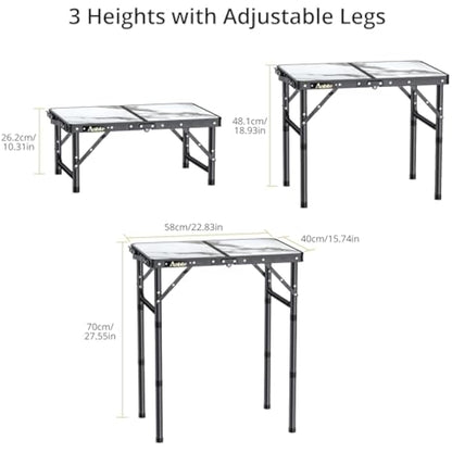 Anbte Folding Camping Table with Storage Net, 3 Adjustable Heights Aluminum Small Folding Table with Carry Handle, Lightweight, for Outdoor Indoor Travel Camping Picnic BBQ Beach, 58 cm x 40 cm