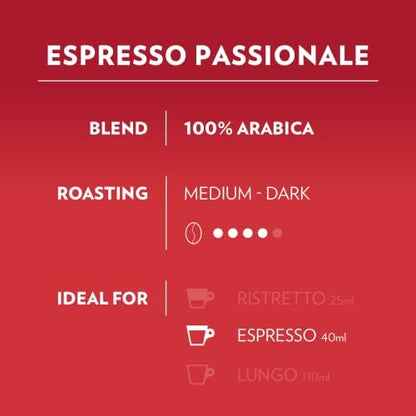 Lavazza, A Modo Mio Espresso Passionale, 96 Coffee Capsules, with Aromatic Notes of Caramel and Chocolate, 100% Arabica, Intensity 11/13, Dark Roasting, Compostable, 6 Packs of 16 Compostable Pods