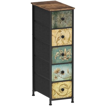 VEDECASA Chest of Drawers with 5 Drawer Narrow Dressers for Bedroom Small Place Storage Tower Unit Bedroom Drawers for Bathroom Kitchen Living Room Hallway Entryweay Wooden Top Sturdy Metal Frame