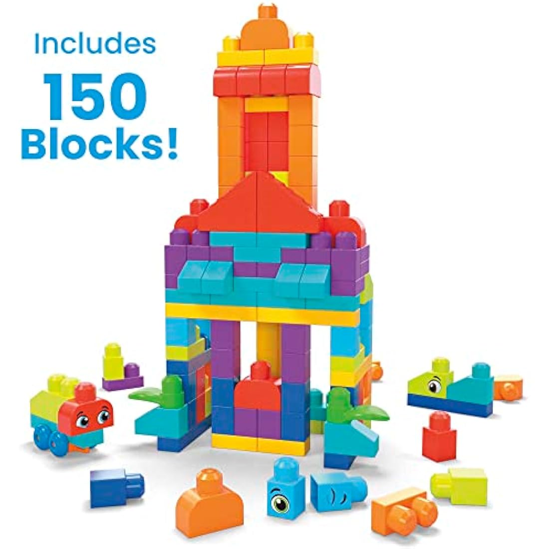 MEGA BLOKS Bigger Building Bag building set with 150 big and colorful building blocks, and 1 storage bag, toy gift set for ages 1 and up