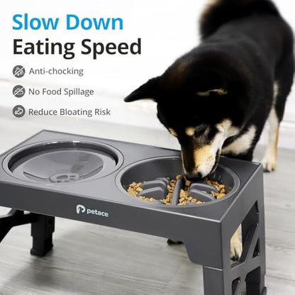 Petace Elevated Dog Bowls for Large Dogs, Raised Dog Bowl Stand with 2 Slow Feeder Bowl & Stainless Steel Dog Bowl, 5 Heights Adjustable for Small Medium Large Pets