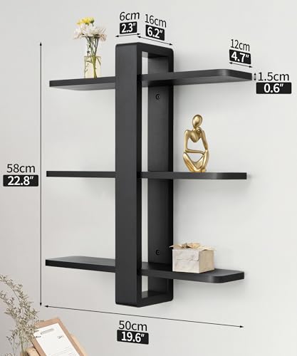 SUMGAR Floating Shelves Black for Wall Mounted Shelving Unit All Pine Wood 50CM 3 Tier Large Shelf for Bedroom Living Room Office Bathroom Home