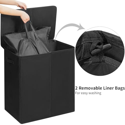 Chrislley 180L Double Laundry Basket with lid and Removable Laundry Bags Large Collapsible 2 Dividers washing basket with Handles for Bedroom Laundry
