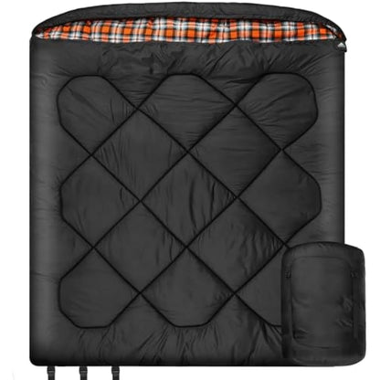 Winter 0 Degree Double Sleeping Bag, Double Wide Queen Size 2 Person Sleeping Bag With 100% Cotton Flannel Lining, Warm And Waterproof For Camping, Fishing or Hunting in Cold Weather