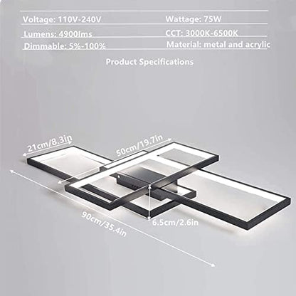 ASDMD LED Ceiling Light, 50W Modern Dimmable Ceiling Lighting, Square Ceiling Lamp with Remote Control for Living Room Dining Room Bedroom, 2700-6500K Close to Ceiling Light Fixture (Black, 90CM)