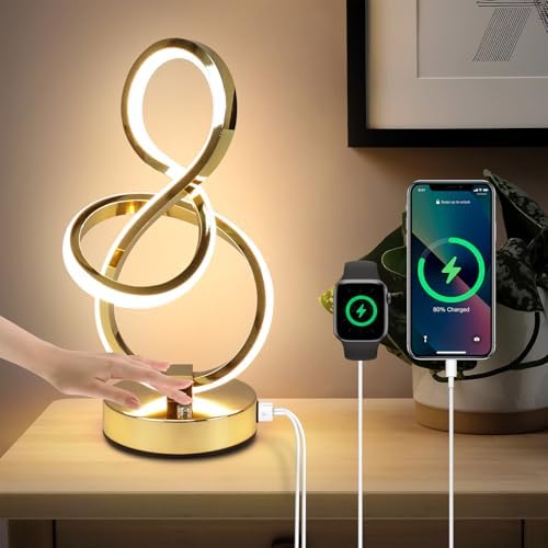 EIDEARAY Modern LED Table Lamp,3 Color Temperatures,Touch Control Stepless Dimmable Bedside Table Lamp with USB Ports, Touch Control LED Nightstand Lamp, Desk Lamp for Living Room,Bedroom(Gold)
