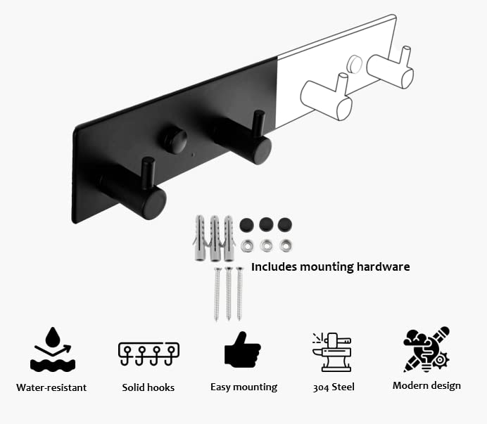 Brute Strength – Stainless Steel wall Coat Rack – Black – 4 Hooks · 25 cm