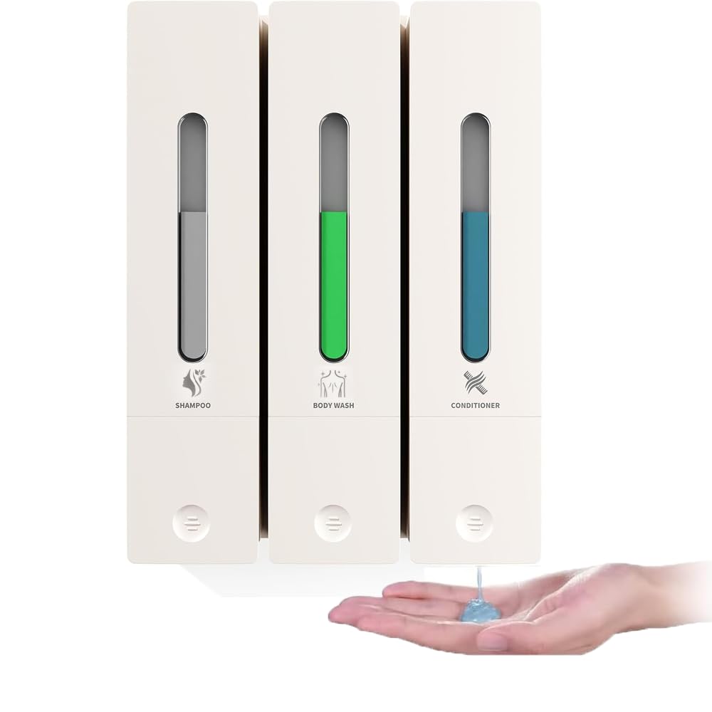 Soap Dispenser,Hand Soap Dispenser Set,3 Chamber No Drill Shampoo and Conditioner Dispenser,Washing up Liquid Shower Dispenser Wall Mounted for