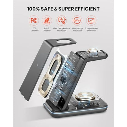 GEEKERA Wireless Charger Stand, 3 in 1 Wireless Charging Station for iPhone 16/15/14/13/12/11/Pro Max/XS/XR/X/8, Fast Charging Stand for Apple Watch 2-Ultra, Docking Station for AirPod 4/Pro/3/2-Black