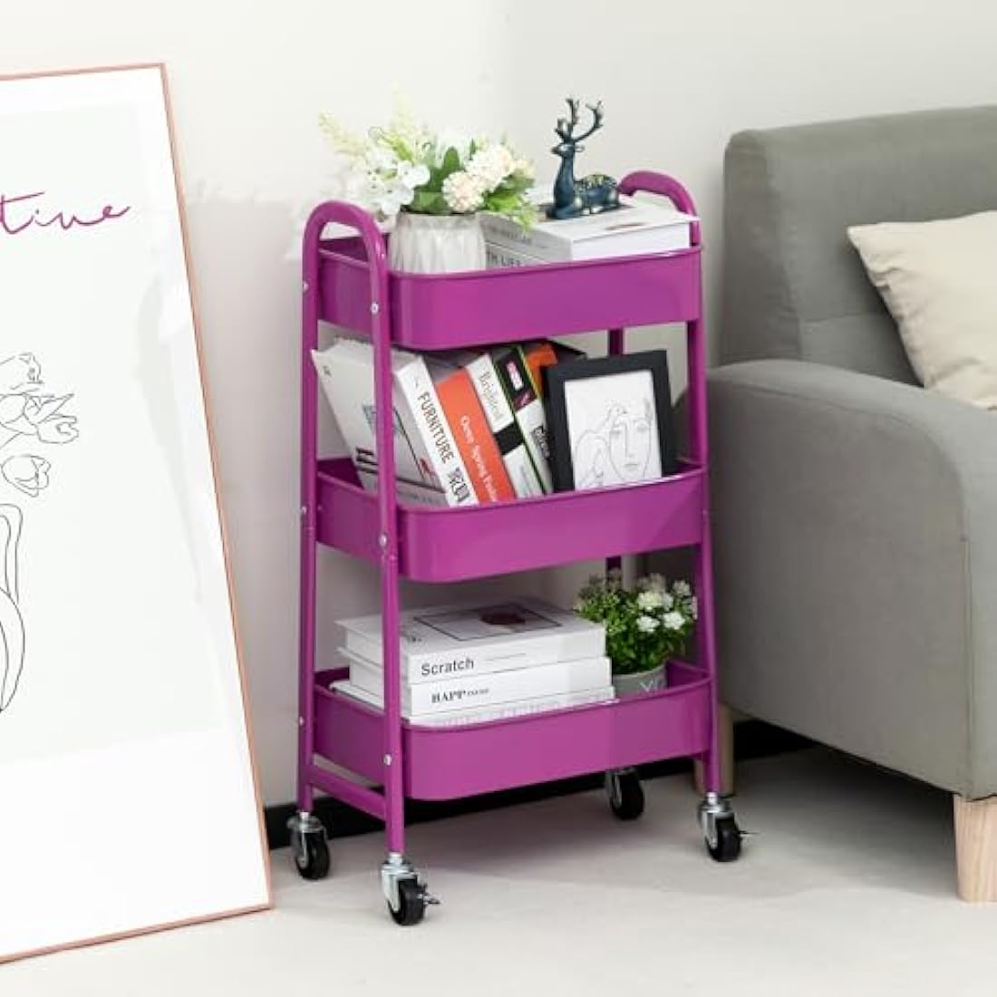 DOEWORKS Storage Trolley Metal 3-Tier Storage Cart on Wheels Rolling Kitchen Trolley Craft Trolleys Beauty Trolleys Utility Shelves for Books Room Bathroom Office, Dark Purple