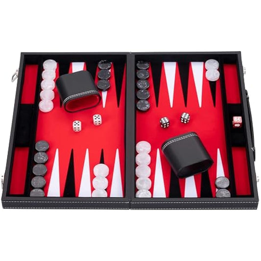 Engelhart - 250510 - Large Luxury Backgammon 18 Inches - Black - 45 cm - Faux Leather - Felt Inlay - Pearl Dice & Chips + 2 Cups - Strategy Game - Pro & Leisure