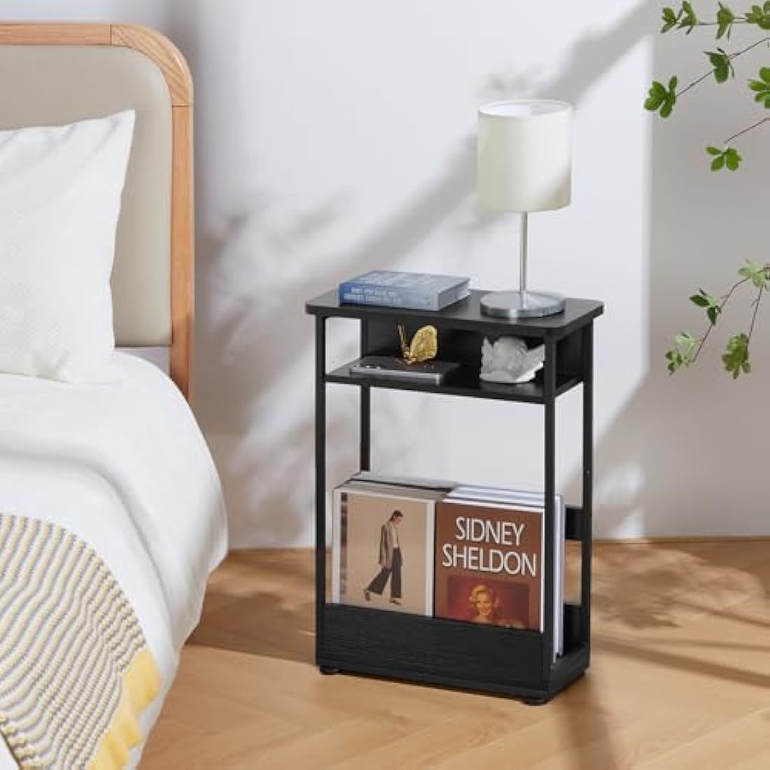 YEAKOO Narrow Side Table for Narrow and Small Spaces, Skinny Bedside Table Small Nightstand with Magazine Rack Space Saving (Black, M)