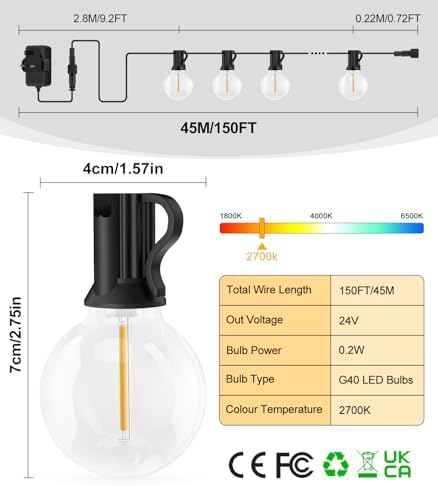 Vanranger Festoon Outdoor Lights Mains Powered with Remote Control G40 Garden Outside Festoon Lights Mains Powered 45M 150Ft for Gazebo Pergola with Shatterproof LED Bulbs
