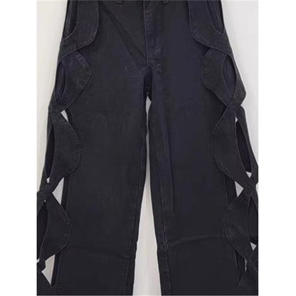 SpringSummer Side-Stranded Braid Ripped Casual Straight-Leg Wide-Leg Denim Jeans
