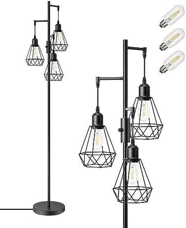 EDISHINE Industrial Floor Lamp with 3 LED Bulbs, Diamond Cage Lampshade, Dimmable Standing Lamp for Living Room, Bedroom, Office, E27 Sockets