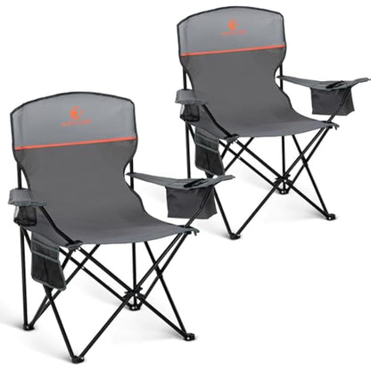 ALPHA CAMP Set of 2 Folding Camping Chairs with Cooler Bag & Cup Holder & Side Pocket Up to 120kg, Lightweight and Portable Camping Chair for Adults, Grey