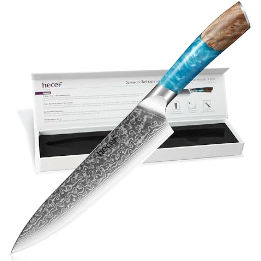 hecef Professional Japanese Chef Knife - Ultra Sharp Damascus Steel, Stylish Blue Resin Handle and Protective ABS Sheath
