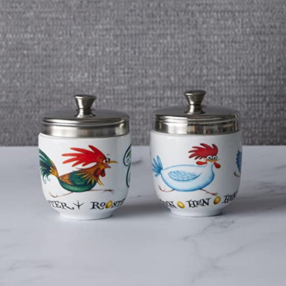 BIA International - Set Of 2 Porcelain Egg Coddlers - Chasing Chickens Design By Clare Mackie - Egg Boiler Kitchen Gadgets - Sous Vide Cooking Pot