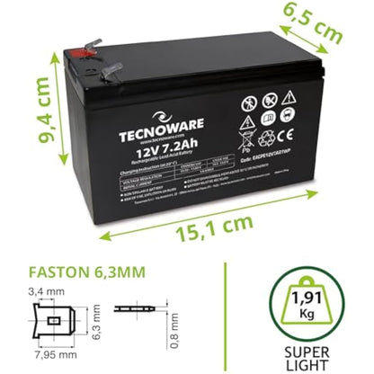 Tecnoware Power Systems - 12V Charge 7.2 Ah Lead-Acid Sealed Battery, for UPS, Video Surveillance and Alarm Systems, 2.5 Inch Faston Connection, Long Lasting, No Maintenance, Bianco, Size 7.2 Ah