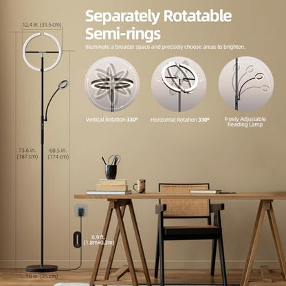 FIMEI Uplighter Floor Lamp, 22W Floor Lamp & 7W Reading Lamp, Stepless Dimming & 3000K-6000K Color Temperature, Remote & Touch Control, Modern Standing Light for Living Room, Bedroom, Office