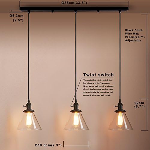 PathsOn Industrial Vintage 3 Lights Fittings Ceiling Chandelier Cone Clear Glass lampshade Hanging Pendant Lamp Fixture (Black)