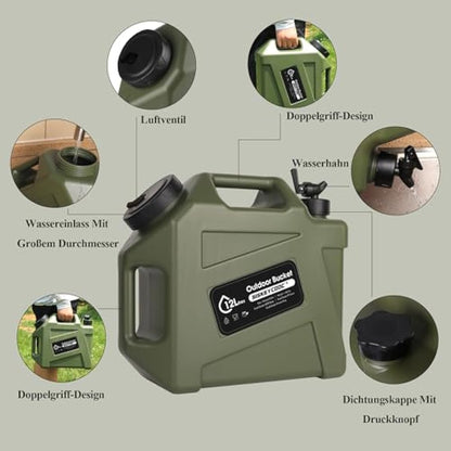 SISKEYCOOC 12L Portable Water Canister with Tap, BPA-Free Water Container, Green Water Tank, Water Spout, Multifunctional Water Container for Camping, Outdoor, Emergency Transport