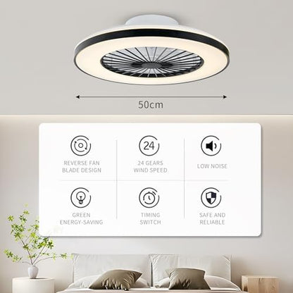 BKZO Modern LED Ceiling Light with Fan, Ceiling Fan with lamp, 24 Ventilation speeds, infinitely dimmable Light for Living Room, Bedroom, Office, 3000-5500 K, (Black Frame 50CM)