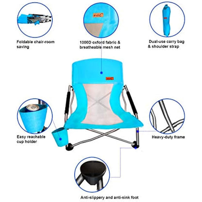 Nice C Low Beach Camping Folding Chair, Ultralight Backpacking Chair with Cup Holder & Carry Bag Compact & Heavy Duty Outdoor, Camping, BBQ, Beach, Travel, Picnic, Festival (1 Pack of Blue)