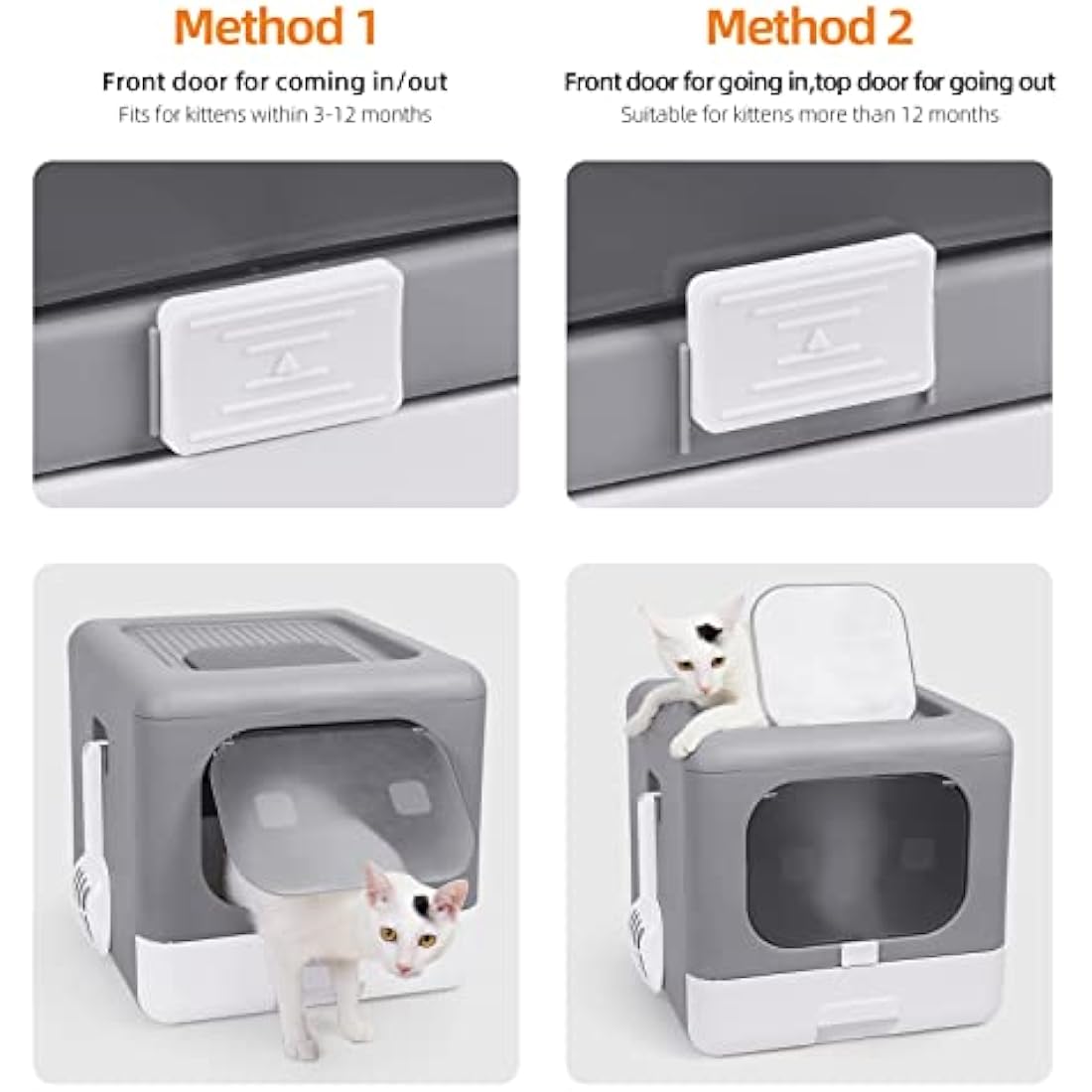 BingoPaw Cat Litter Tray Box: Foldable Top Entry Large Cats Toilet with Lid - Hooded Kitten Litter Tray Easy Cleaning Drawer Design with Scoop Grey