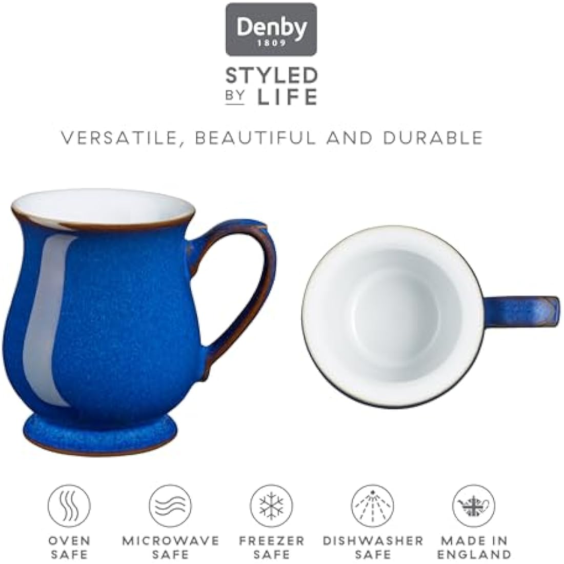 Denby - Imperial Blue Coffee Mug Set of 2 - 340ml Craftmans Curved Stoneware Ceramic Tea Mug Set For Home & Office - Dishwasher Safe, Microwave Safe - Blue, White, Brown - Chip Resistant