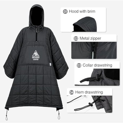OneTigris Camping Blanket Poncho with Recycled 3M Thinsulate Insulation,Wearable Hoodie Blanket | Ultralight Water-Resistant Warm Camping Blanket for Outdoor, Hiking, Stadium
