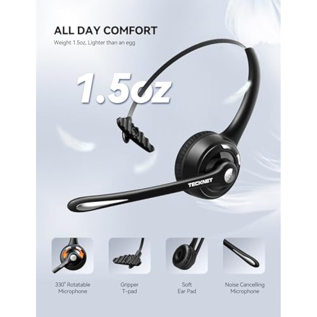 TECKNET Bluetooth Headset, Wireless On Ear Headphones with Noise Cancelling Microphone & USB Dongle, Hand Free Wireless Headset with Mute microphone for Cellphone, PC, Home, Office, Call Center