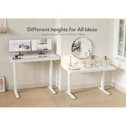 Claiks Glass Standing Desk with Drawers, 120×60 cm Adjustable Stand Up Desk, Quick Install Home Office Computer Desk with USB Ports, White