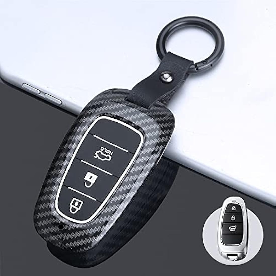 ontto ABS Car Key fob Cover Keyring fit for Hyundai Sonata Tucson NX4 Nexo Solaris Santa Fe 2020 2021 accessories Remote Key Shell Plastic Silicone key case Key Holder 3 Buttons Carbon Black