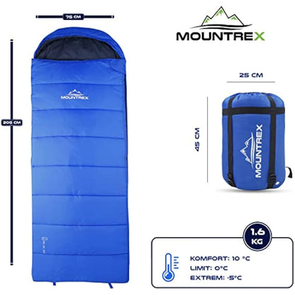 MOUNTREX® Sleeping Bag for Camping & Outdoor - Blanket Sleeping Bag (205 x 75 cm) - 3 Seasons - Lightweight, Warm & Soft (1.6 kg) - Adults, Men and Women - Can be Connected (Zip - Right, Blue)
